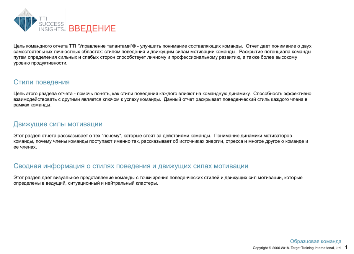 Расшифровка по методу DISC — командный отчёт Talent Insights — Раздел 1 — Введение
