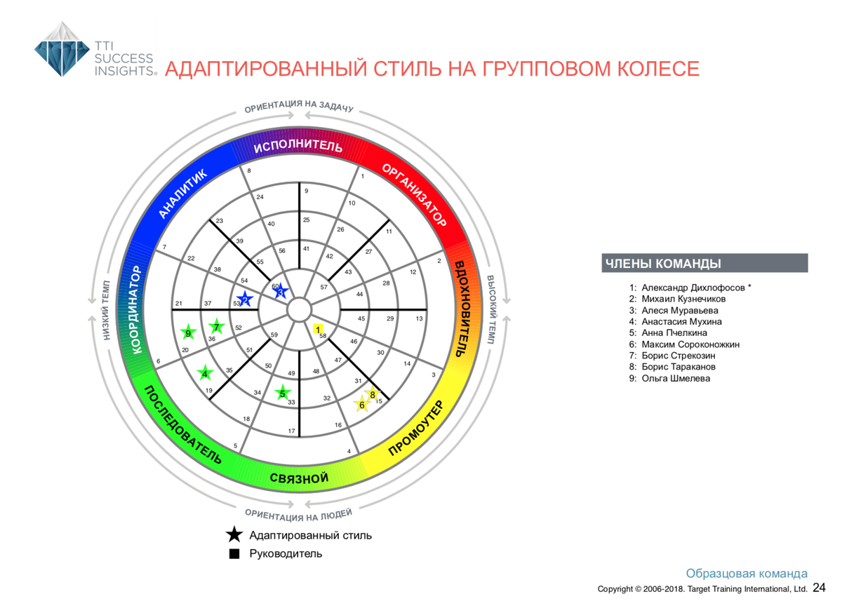 Расшифровка по методу DISC — командный отчёт Talent Insights — Раздел 4 — групповое колесо и сравнение по поведенческим характеристикам по модели DISC