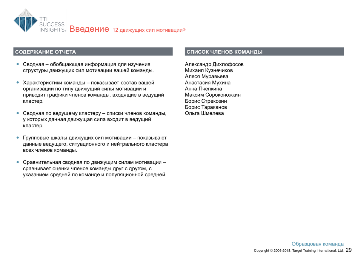 Расшифровка по методу DISC — командный отчёт Talent Insights — Раздел 5 — введение и сводная по 12 движущим силам мотивации*