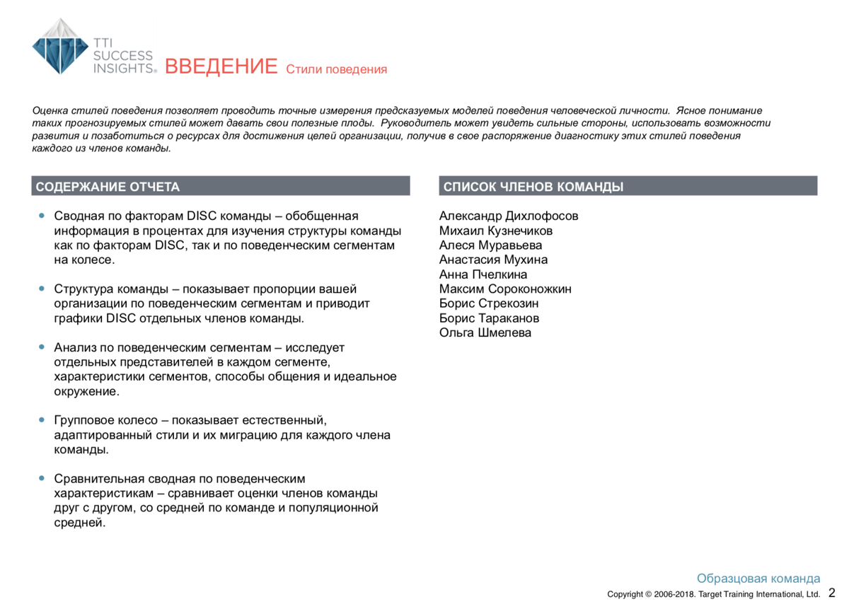 Расшифровка по методу DISC — командный отчёт Talent Insights — Раздел 1 — Введение